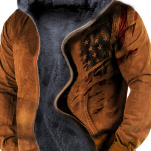 Men'S American Flag Print Fleece Hoodie | Thickened Full Zipper with Fleece Lining, Machine Washable, Warm Autumn Winter Gray Street Style Casual Jacket