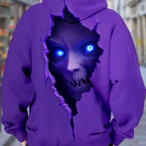 Men's 3D Printed Sweatshirt with 3D Face Tear-Through Illusion & Glowing Blue Eyes - Purple & Black Gothic Streetwear Pullover, Long Sleeve Casual Hoodie, Machine Washable for Gaming & Casual Attire, PLUS SIZE