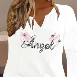 Graphic Print T-shirt, Long Sleeve V Neck Casual Top for Spring & Fall, Women's Clothing