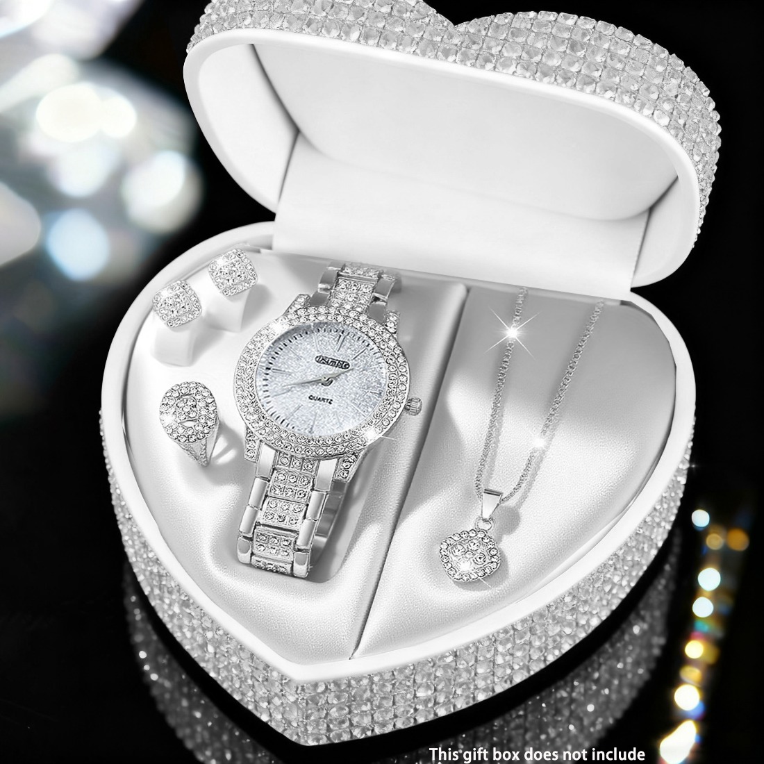 5pcs Elegant Watch and Set - Minimalist Stainless Quartz Watch Collection with Matching Necklace, Ring & Earrings, Analog Dial Round Face for Casual & Dressy Occasions, Perfect Holiday Gift