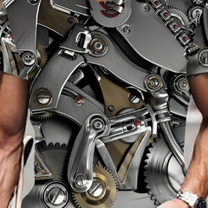 Men'S 3D Mechanical Gear Engine T-Shirt - Steampunk Style Interlocking Gears & Gears Print, Breathable Blend Fabric, Loose Fit Casual Crew Neck Short Sleeve, Lightweight & Machine Washable, Automotive & Engineering Enthusiast Apparel