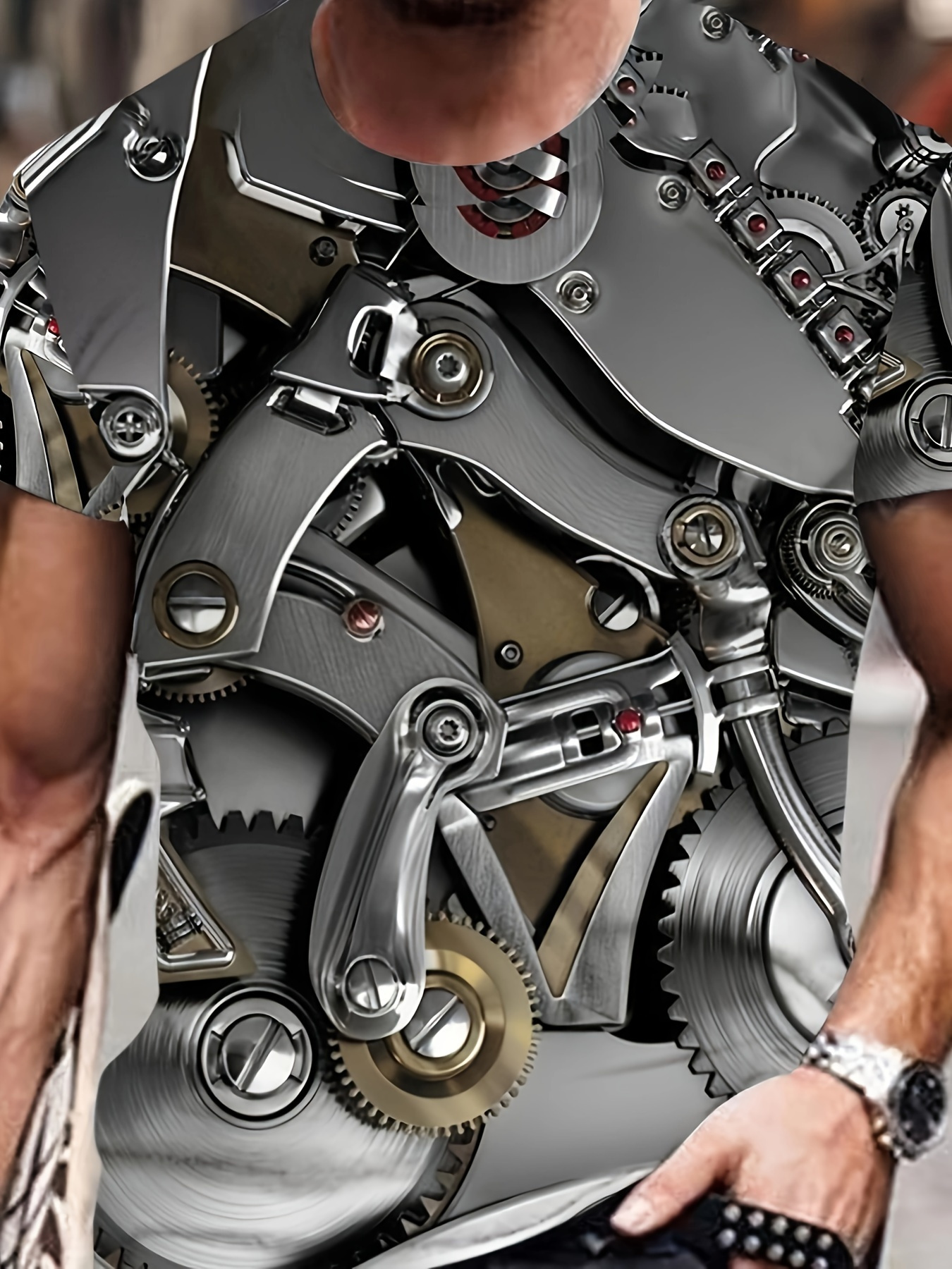 Men'S 3D Mechanical Gear Engine T-Shirt - Steampunk Style Interlocking Gears & Gears Print, Breathable Blend Fabric, Loose Fit Casual Crew Neck Short Sleeve, Lightweight & Machine Washable, Automotive & Engineering Enthusiast Apparel