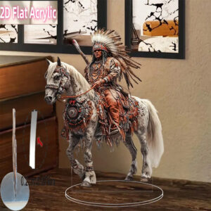2D Flat - 2D Acrylic Hanging Decoration of an Indian Warrior on Horseback - Featuring a Vintage Western Style Feather Headdress And Spear, Suitable for Indoor And Outdoor Tabletop Decor, No Power Required, a Unique Gift Idea, Cowboy Accessory, Finely Crafted, Multifunctional Ornament.