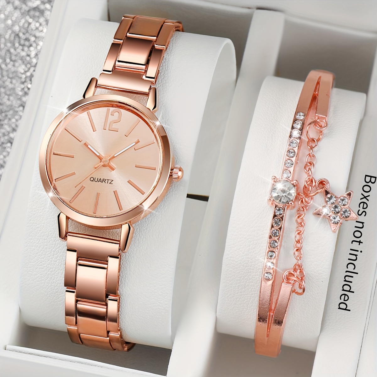 2pcs Women'S Golden-Tone Quartz Watch & Bracelet Set with Star Charm Dial, Analog Hands & -Accented Bracelet - Elegant Alloy Jewelry-Watch Combo, Quartz Movement, Battery-Powered (CR2030) for Everyday & Special Occasions - Image 2