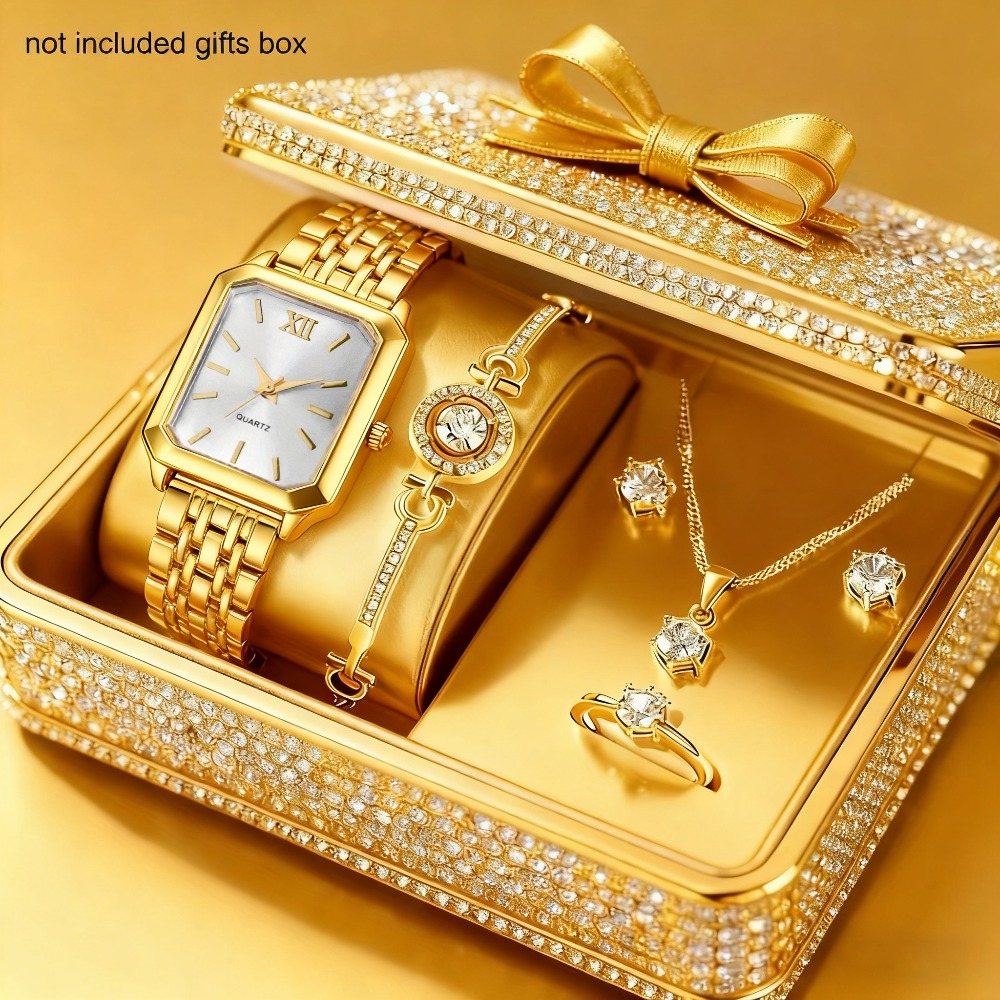 6pcs/ Set Women Watches Set & 5pcs Luxury Jewelry For Women Set, Bracelet, Necklace, Aretes Para Nina, Ring, Golden & Silvery Elegant Women Watche Set, Quartz Movement, Perfect For Valentine'S Day Christmas Birthday Gifts For Women, Reloj De Mujer. - Image 12