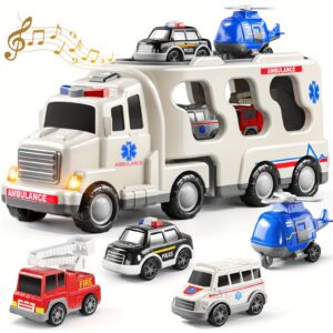 Ambulance Truck Toys for 3 4 5 Toddlers, 5in 1 Kids Carrier Fire Trucks Friction Power Toys with Light Sound for Kids Birthday Gift