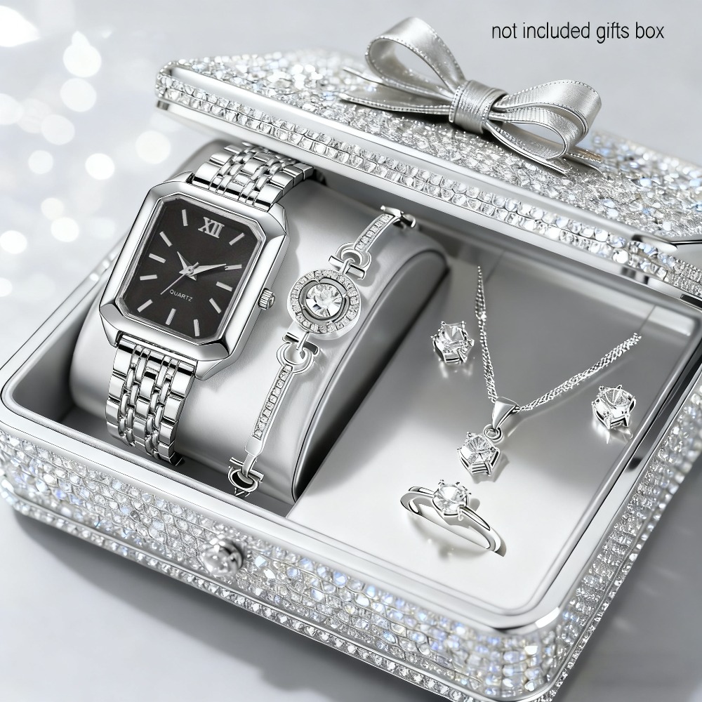 6pcs/ Set Women Watches Set & 5pcs Luxury Jewelry For Women Set, Bracelet, Necklace, Aretes Para Nina, Ring, Golden & Silvery Elegant Women Watche Set, Quartz Movement, Perfect For Valentine'S Day Christmas Birthday Gifts For Women, Reloj De Mujer. - Image 14