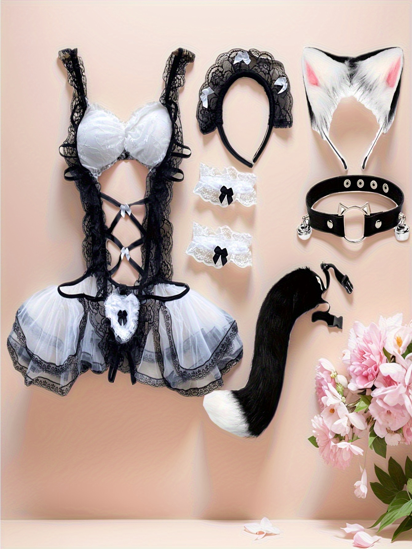 7pcs Sexy Maid Role-Play Costume Set for - Gothic/Bourgeoise Lingerie with Lace Bodice, Ruffled & Garter Belt - Cosplay Outfit, Themed Parties, Photoshoots - Delicate Fabric Texture (Hand Washable) Complete - Image 4