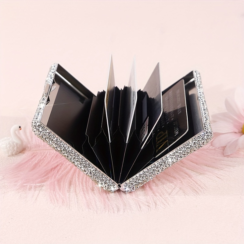 1pc Rhine Precious Stone Encrusted Aluminium Alloy Credit Card Box, Anti-theft Multi-compartment Anti-magnetic Portable Compact Card Case, Driver'S License Cover, Bank Card Storage Box - Image 2