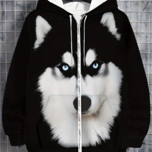 Men'S 3D Husky Print Hoodie - Cozy Polyester Sweatshirt with Long Sleeves, Lightweight & Durable Design for Casual Wear, Outdoor Activities, and Everyday Comfort