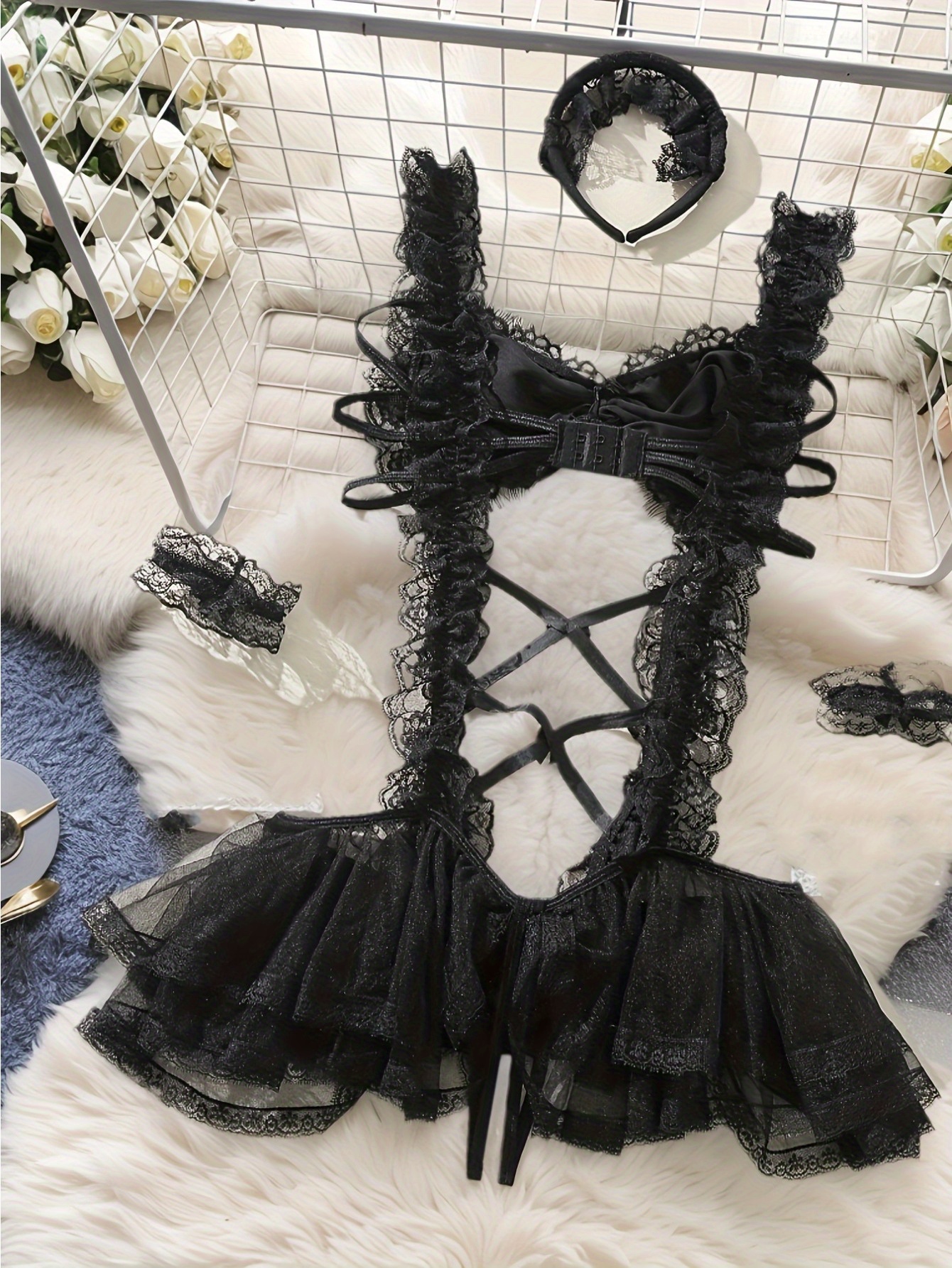 7pcs Sexy Maid Role-Play Costume Set for - Gothic/Bourgeoise Lingerie with Lace Bodice, Ruffled & Garter Belt - Cosplay Outfit, Themed Parties, Photoshoots - Delicate Fabric Texture (Hand Washable) Complete - Image 10