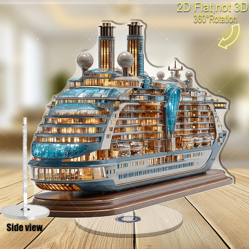 2D Flat, 2D Flat Cruise Ship Model with Rotating Base - 360° Spinning Display Suitable for Home/Office, Nautical Replica with Open Cabins & Indoor/Outdoor Decoration, Ideal for Maritime Enthusiasts & Cruise Collectors, 2D Flat