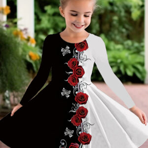 Elegant Black And White Style Girls' Dress with a Two-Tone Rose And Butterfly Pattern, Featuring Long Sleeves And a Flared Skirt. Perfect for Birthday Parties, Daily Wear, And Formal Occasions. A Great Gift for Holidays in Spring, Autumn