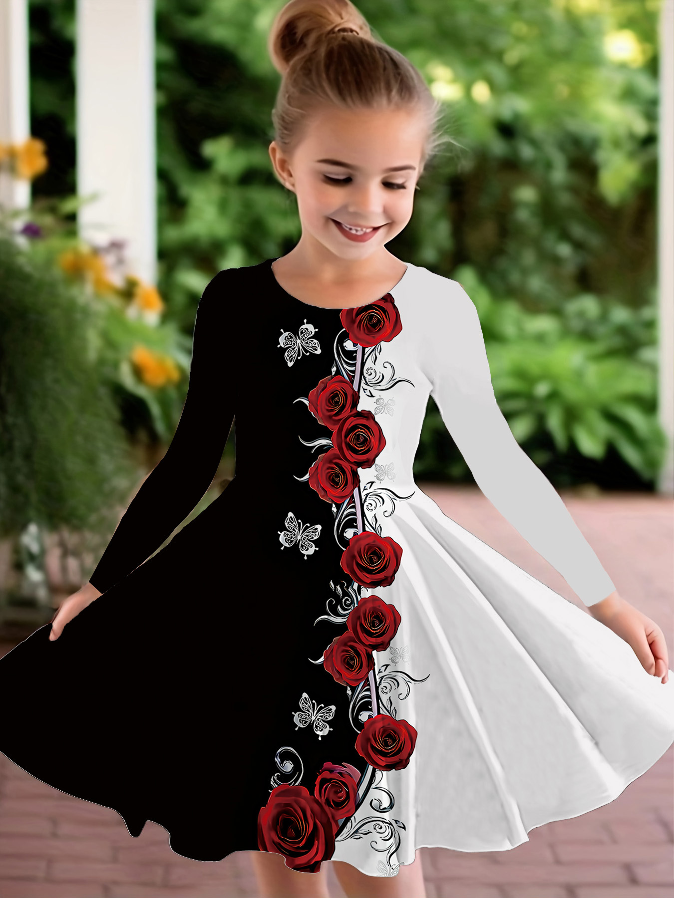 Elegant Black And White Style Girls' Dress with a Two-Tone Rose And Butterfly Pattern, Featuring Long Sleeves And a Flared Skirt. Perfect for Birthday Parties, Daily Wear, And Formal Occasions. A Great Gift for Holidays in Spring, Autumn