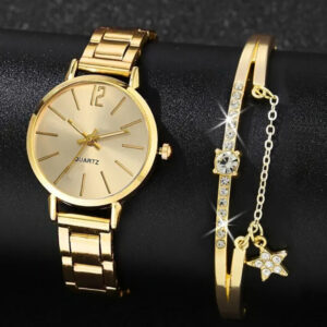 2pcs Women'S Golden-Tone Quartz Watch & Bracelet Set with Star Charm Dial, Analog Hands & -Accented Bracelet - Elegant Alloy Jewelry-Watch Combo, Quartz Movement, Battery-Powered (CR2030) for Everyday & Special Occasions