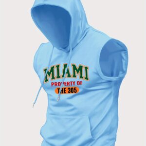 [Hooded Tank Top] Men's Summer Casual Hooded Tank Top - Miami Graphic Print Sleeveless Shirt with Kangaroo Pocket, Adjustable Drawstring Hood, Breathable Knit Fabric for Outdoor Activities (Black), Sports Activewear, Comfortable Fit