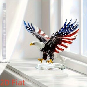 2D Flat - A 2D Acrylic Bohemian Style Eagle Sculpture Featuring The American Flag Design, Perfect for Home And Office Decor, Desk And Living Room Decoration, an Ideal Christmas Gift, And a Piece of Art for The Living Room with a Crystal Base.