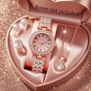 5pcs Women's Elegant Watch & Jewelry Set - Glamorous Stainless Round Analog Wristwatch with Matching Bracelet, Quartz Movement Timepiece Suitable for Wedding, Birthday, Valentine's Gift for Her