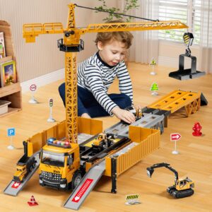 [Construction Playset Toy Gift] 4 Mini Cars Construction Playset with Crane, Traffic Signs, Engineering Truck & Launching Track Parking Lot - Toy Gift for Boys Ages 3 Up