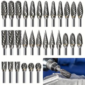 [Carbide Rotary File Set] 30pcs Double-Cut Carbide Rotary File Set with 1/8-Inch Shank - Heavy-Duty Carbide Grinding & Polishing Kit, Precision Die Grinder Bits for Woodworking, Metalworking, Plastic Carving, - Compatible with Power Drills & Grinders