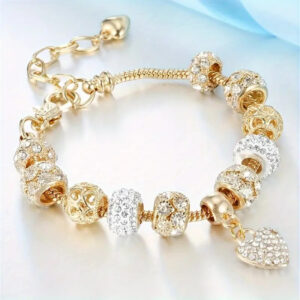 Elegant Women's Glass Bead Bracelet - Heart-Shaped Pendants, Zinc Alloy, 20cm | Perfect for Daily Wear, Parties, and Holidays