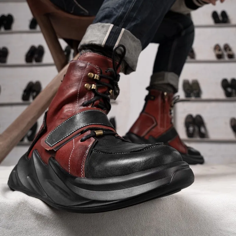 New Fashion Mens Horse Leather High Top Sneakers Biker Riding Designer Genuine Leather Ankle Boots Cargo Work Safety Shoes Male - Image 5