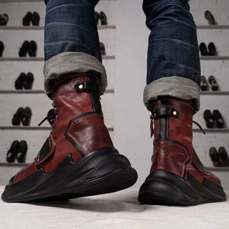 New Fashion Mens Horse Leather High Top Sneakers Biker Riding Designer Genuine Leather Ankle Boots Cargo Work Safety Shoes Male - Image 6