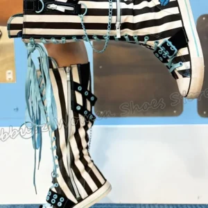 Sneaker Boots Knee High Gothic Fashion Novelty Sexy Concise Sports Hot Girls Belt Buckle Lace-Up Metal Chain Round Toe Flat with