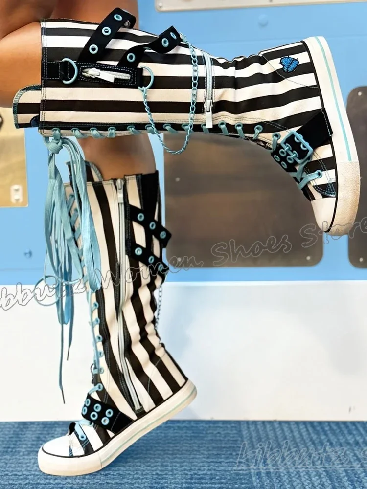 Sneaker Boots Knee High Gothic Fashion Novelty Sexy Concise Sports Hot Girls Belt Buckle Lace-Up Metal Chain Round Toe Flat with