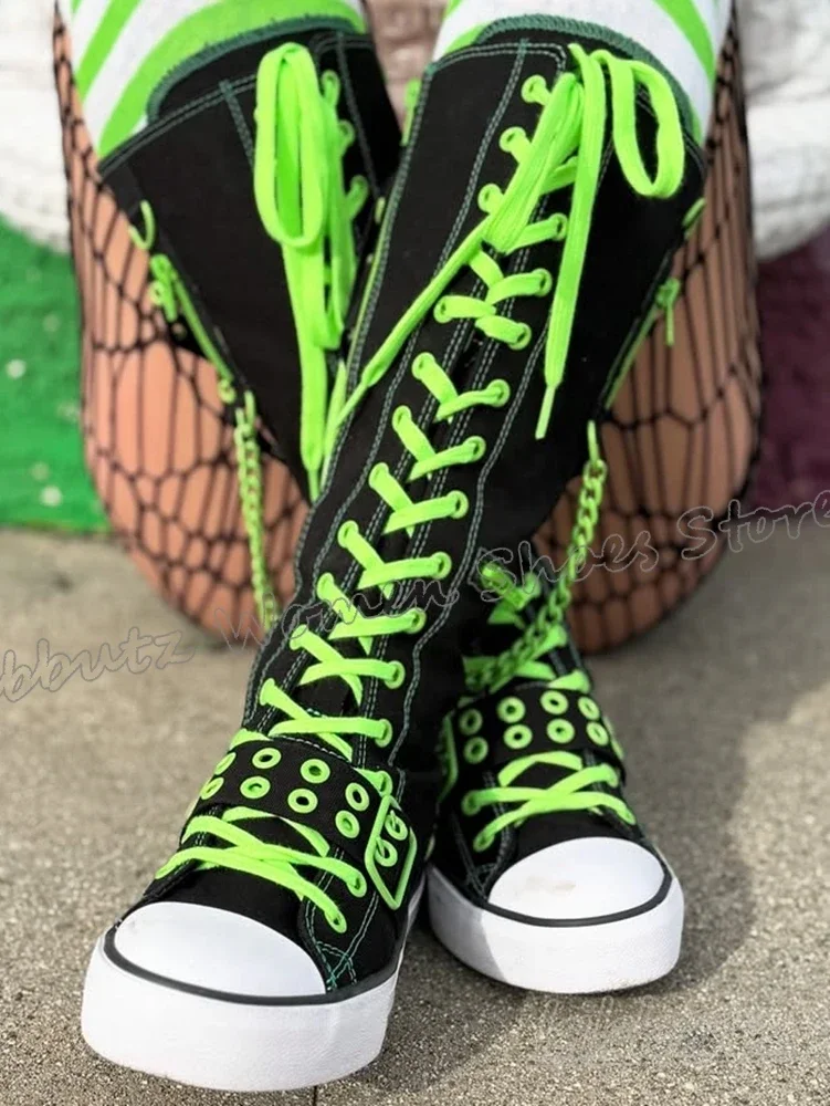Sneaker Boots Knee High Gothic Fashion Novelty Sexy Concise Sports Hot Girls Belt Buckle Lace-Up Metal Chain Round Toe Flat with - Image 3