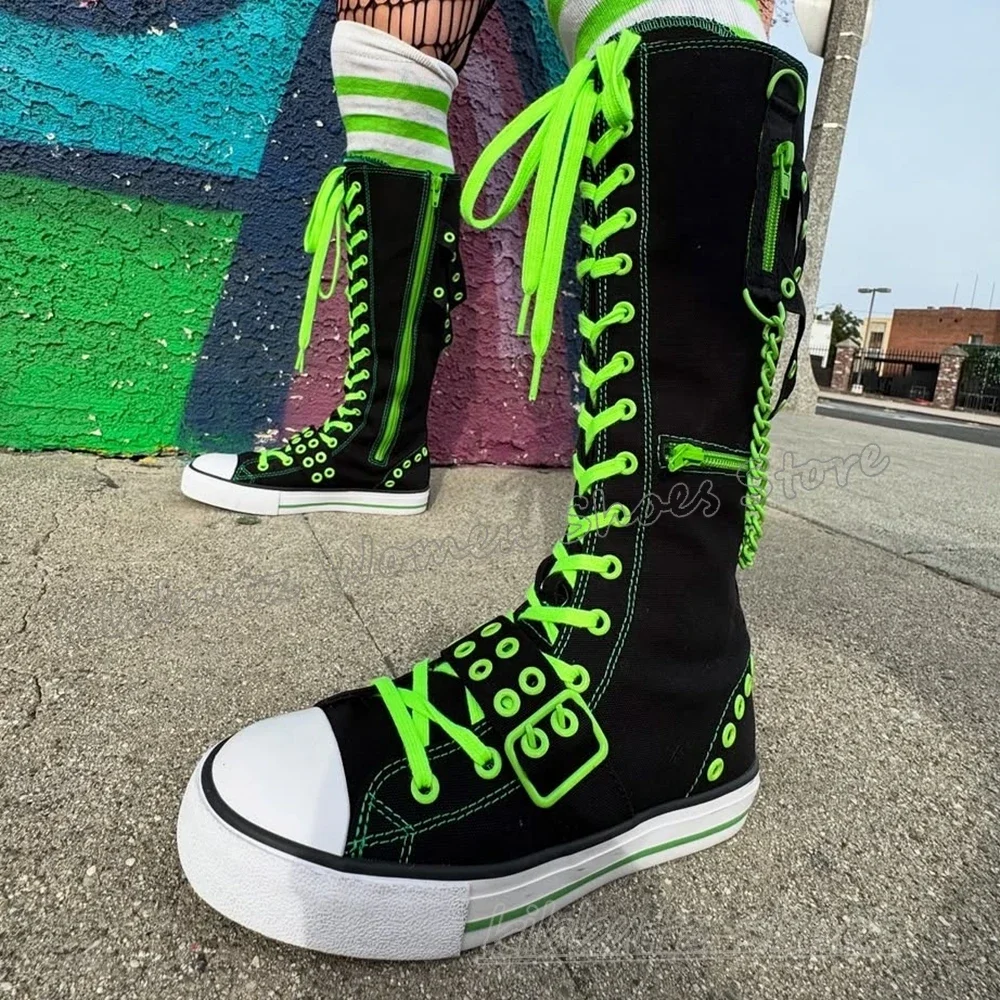 Sneaker Boots Knee High Gothic Fashion Novelty Sexy Concise Sports Hot Girls Belt Buckle Lace-Up Metal Chain Round Toe Flat with - Image 4