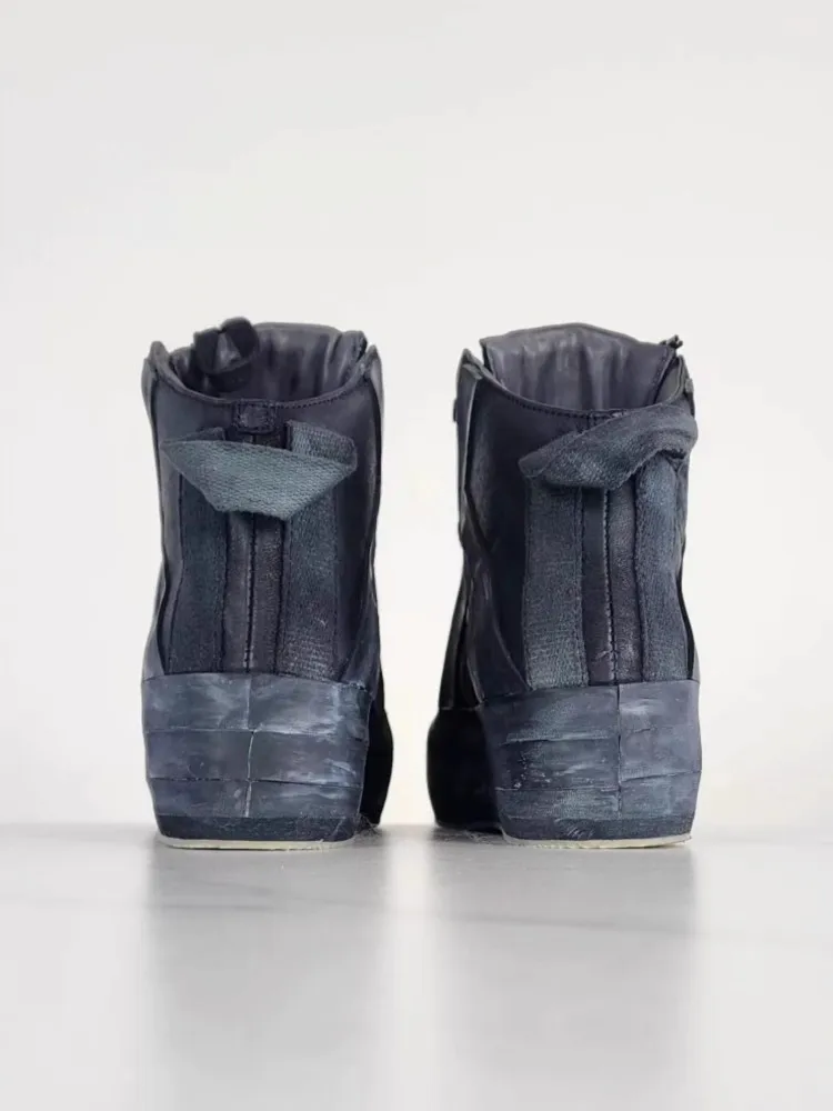 Designer Gothic Men Handmade Genuine Leather Casual High Top Sneakers Hip Hop Thick Bottom Lace Up Vintage Cargo Short Boots - Image 6