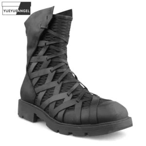 Men High-Top Punk Shoes Luxury Trainers Genuine Leather Mesh Patchwork Back Zip Motorcycle Ankle Boots Casual High Top Sneakers