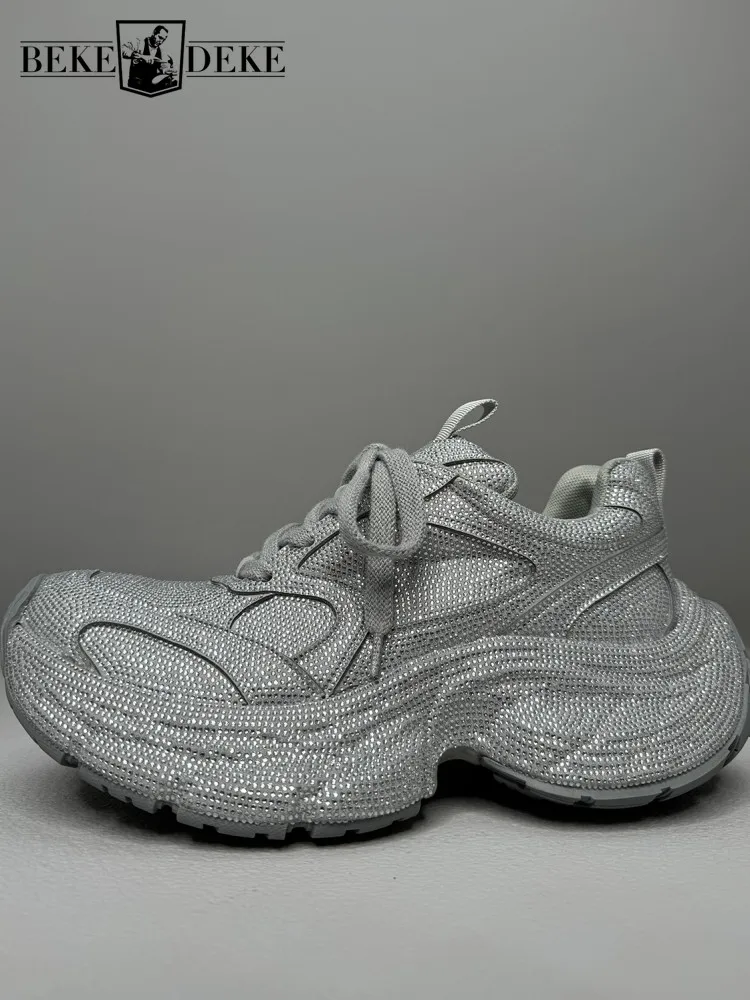 Mens Casual Shoes Genuine Leather Sneakers Design Diamonds Cowhide Lace Up High Heel Round Toe Solid Non Slip Mens Footwear