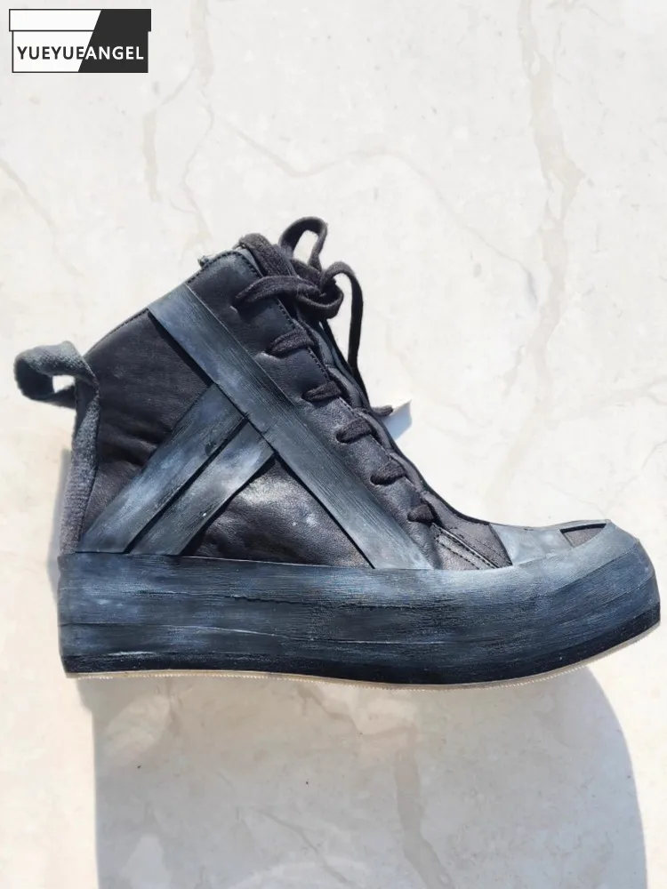 Designer Gothic Men Handmade Genuine Leather Casual High Top Sneakers Hip Hop Thick Bottom Lace Up Vintage Cargo Short Boots