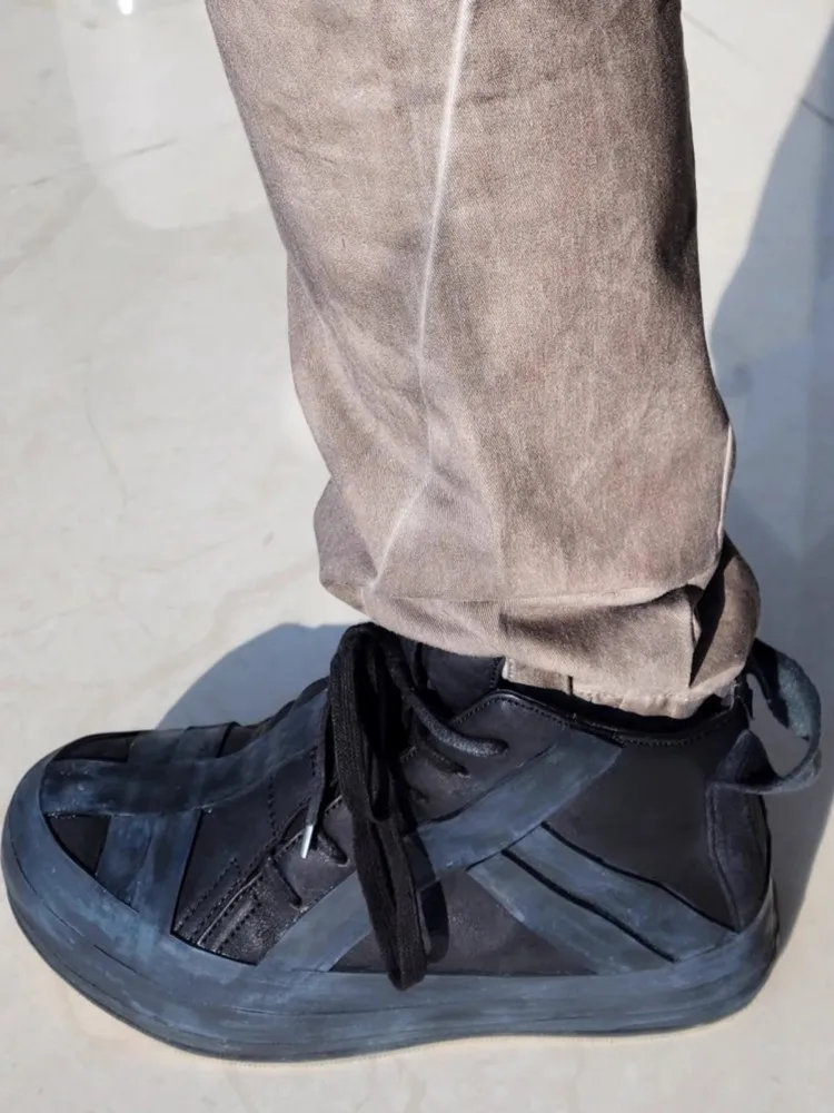 Designer Gothic Men Handmade Genuine Leather Casual High Top Sneakers Hip Hop Thick Bottom Lace Up Vintage Cargo Short Boots - Image 2