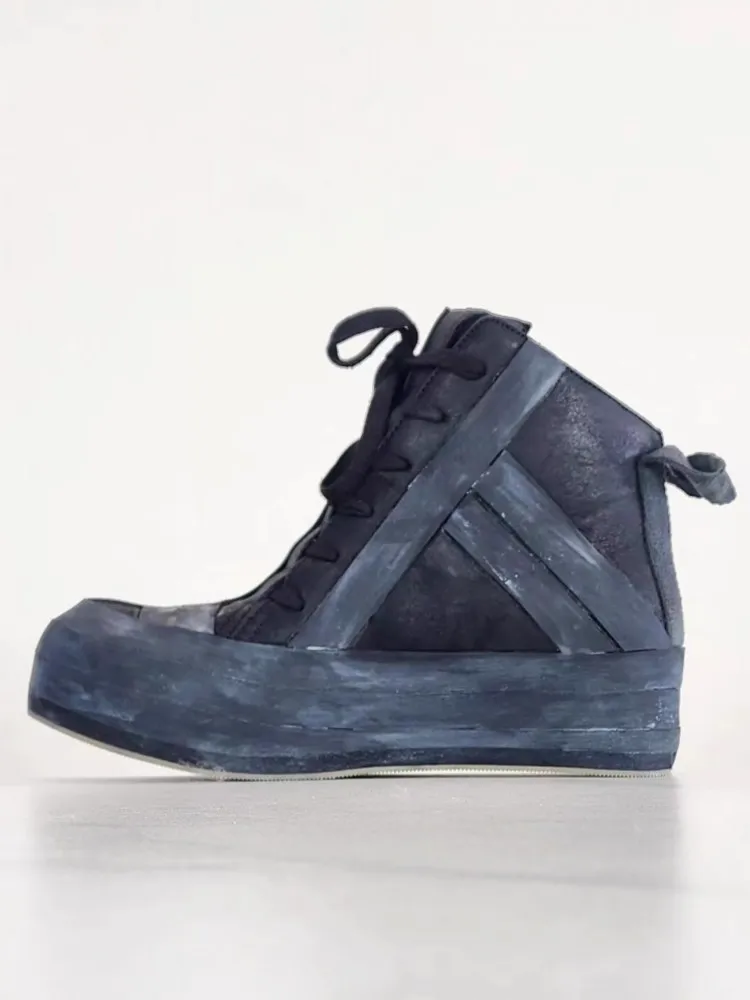 Designer Gothic Men Handmade Genuine Leather Casual High Top Sneakers Hip Hop Thick Bottom Lace Up Vintage Cargo Short Boots - Image 3