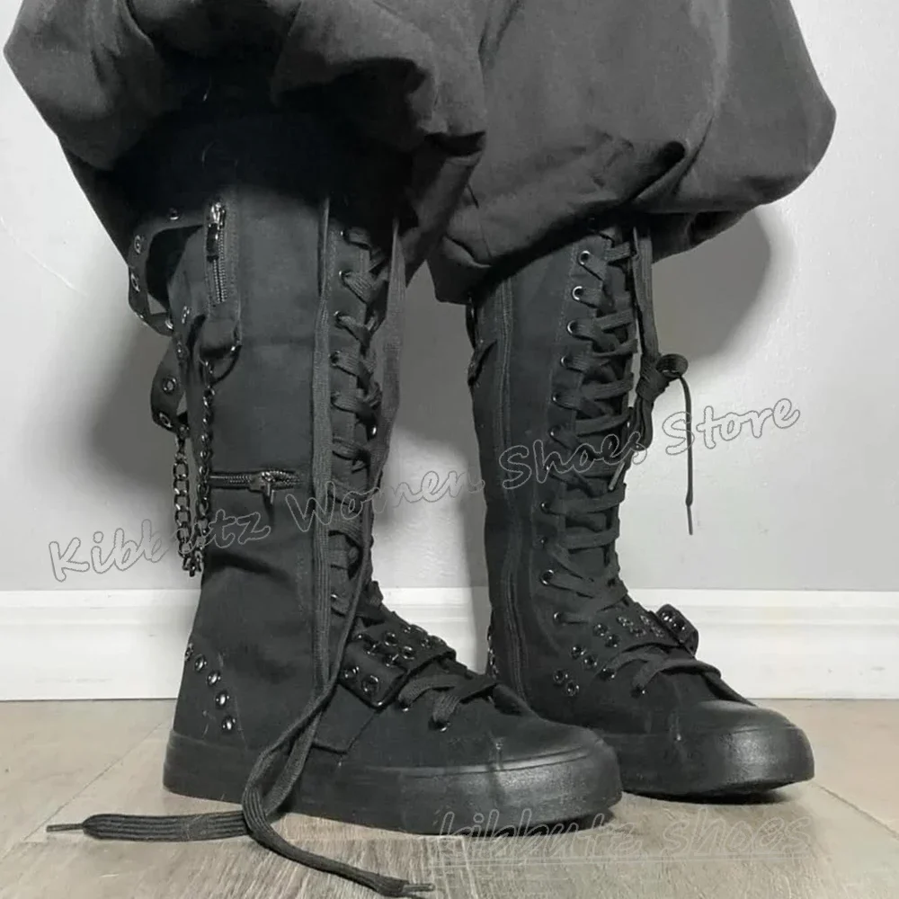 Sneaker Boots Knee High Gothic Fashion Novelty Sexy Concise Sports Hot Girls Belt Buckle Lace-Up Metal Chain Round Toe Flat with - Image 5