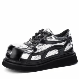 Silver Black Board Shoes for Men's European Fashion Trendy Thick Soled Height Increasing Shoes Genuine Leather Casual Sneakers