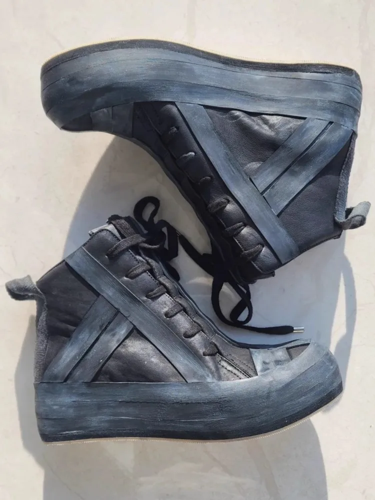 Designer Gothic Men Handmade Genuine Leather Casual High Top Sneakers Hip Hop Thick Bottom Lace Up Vintage Cargo Short Boots - Image 4