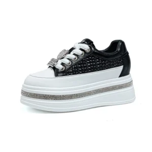 Spring Genuine Leather Diamond Embellished 7cm Heel Women's Sneakers Sporty Casual Thick Bottomed Shoes for Short People