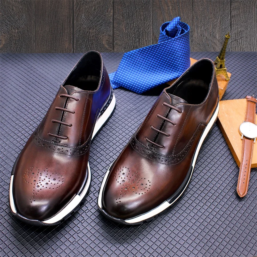 Casual Leather Men's Shoes Lace Up Comfortable Non-Slip Sole Brogue Sneakers Wedding Date Prom Men's Premium Leather Shoes. - Image 2