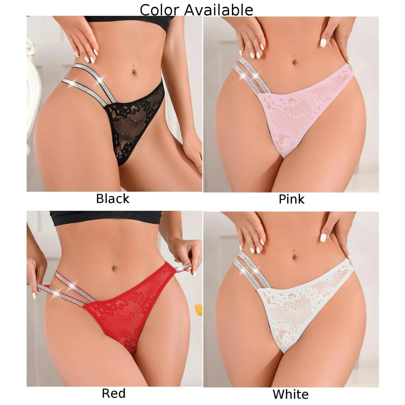 Rhinestone Cross Sling Hollow Out Thongs Women Lace See Though Panties Solid Low Waist Underwear Lingerie Knickers G-String - Image 5