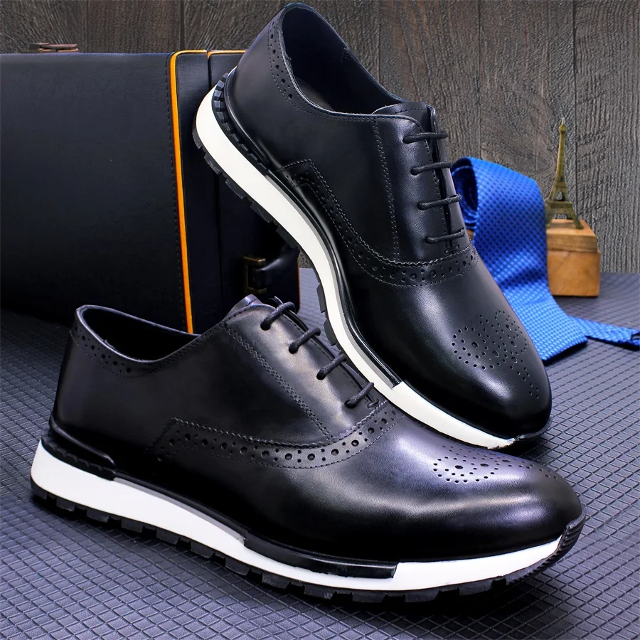 Casual Leather Men's Shoes Lace Up Comfortable Non-Slip Sole Brogue Sneakers Wedding Date Prom Men's Premium Leather Shoes. - Image 4