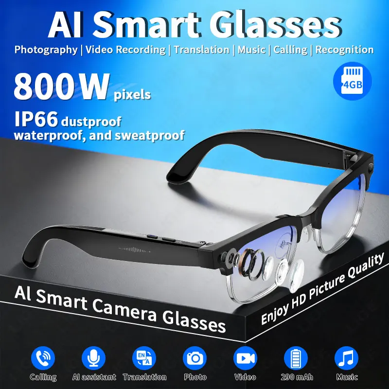 New AI Smart Glasses 800W Pixel Camera Bluetooth Call Voice Assistant Sunglases…