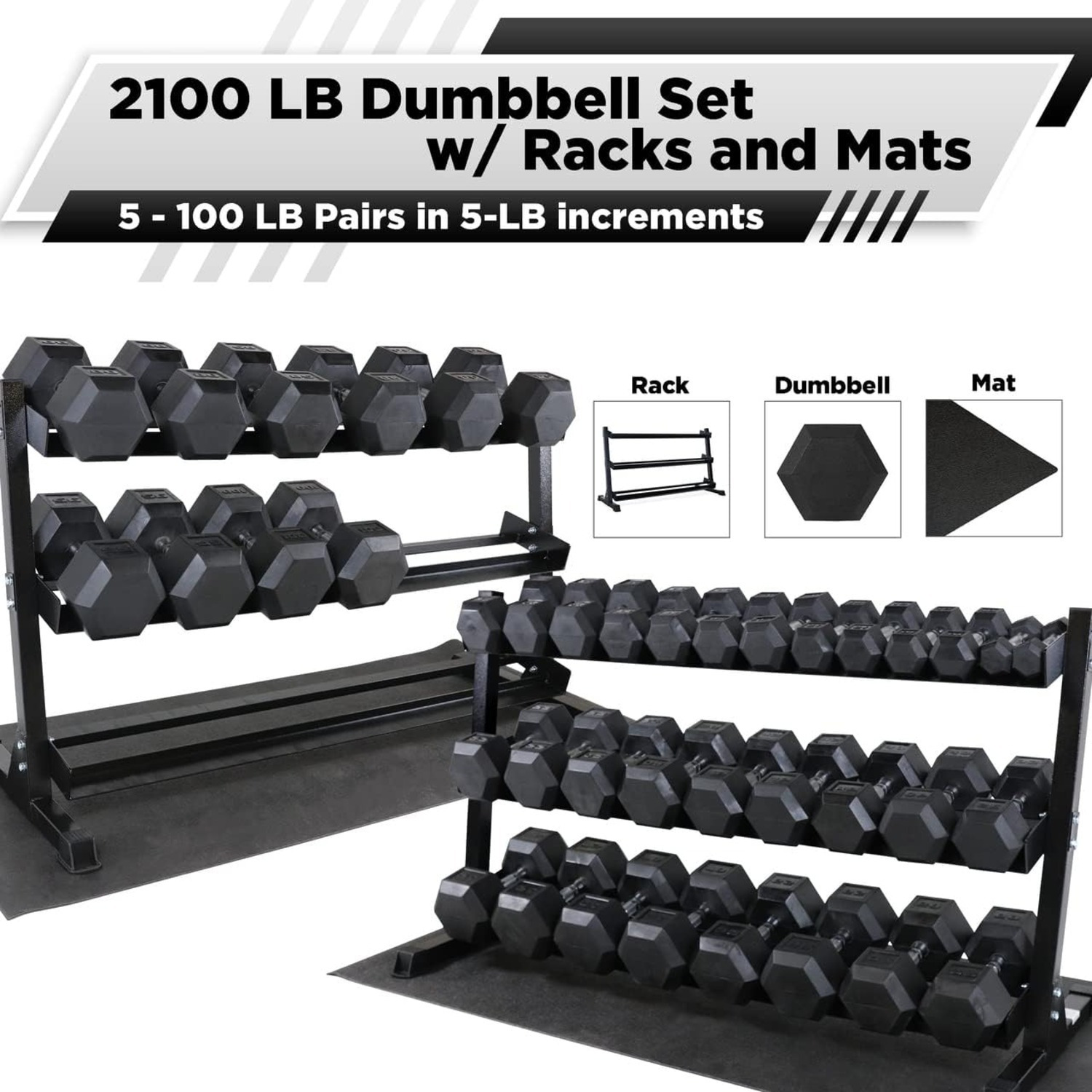 Rubber Coated Hex Dumbbell Set, Multiple Weight & Color Choices Available - Dumbbells with Rack Stand and Mat (550/1200/2100/3000 LB) - Image 3