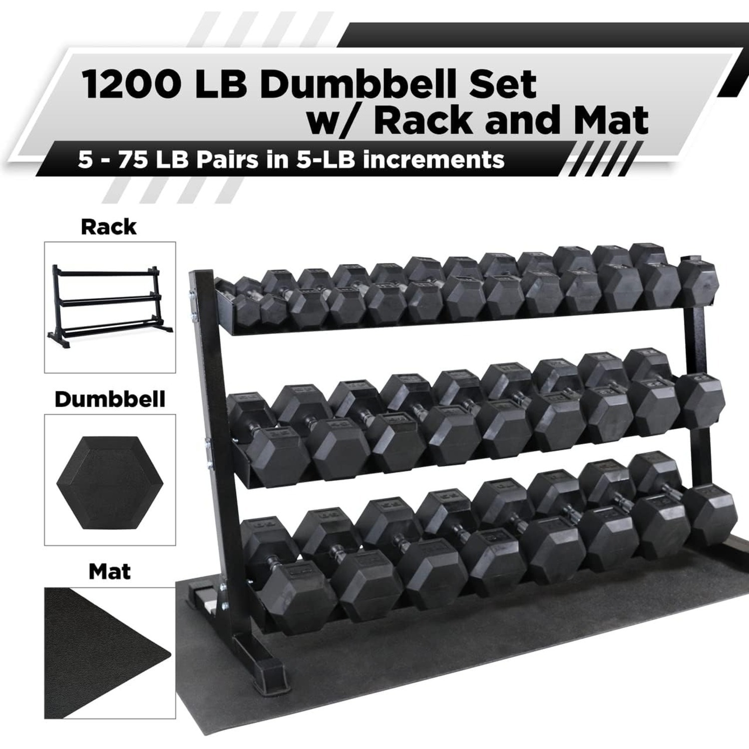 Rubber Coated Hex Dumbbell Set, Multiple Weight & Color Choices Available - Dumbbells with Rack Stand and Mat (550/1200/2100/3000 LB) - Image 16