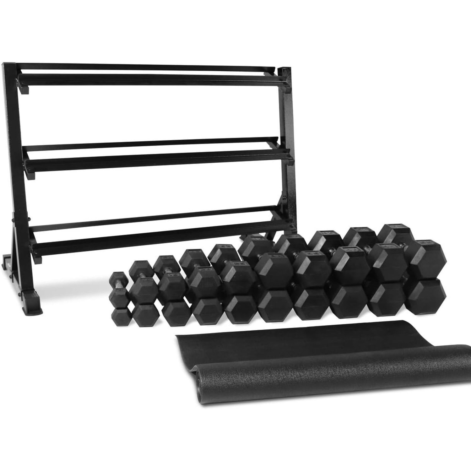 Rubber Coated Hex Dumbbell Set, Multiple Weight & Color Choices Available - Dumbbells with Rack Stand and Mat (550/1200/2100/3000 LB) - Image 9