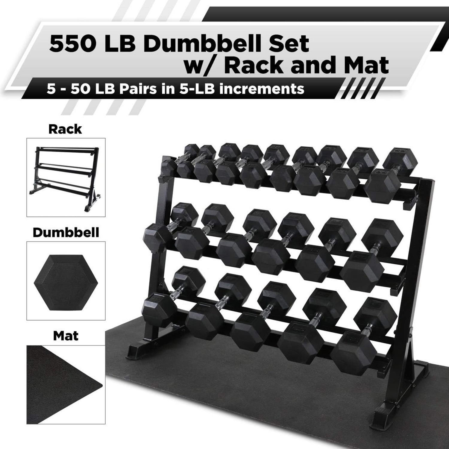 Rubber Coated Hex Dumbbell Set, Multiple Weight & Color Choices Available - Dumbbells with Rack Stand and Mat (550/1200/2100/3000 LB) - Image 4