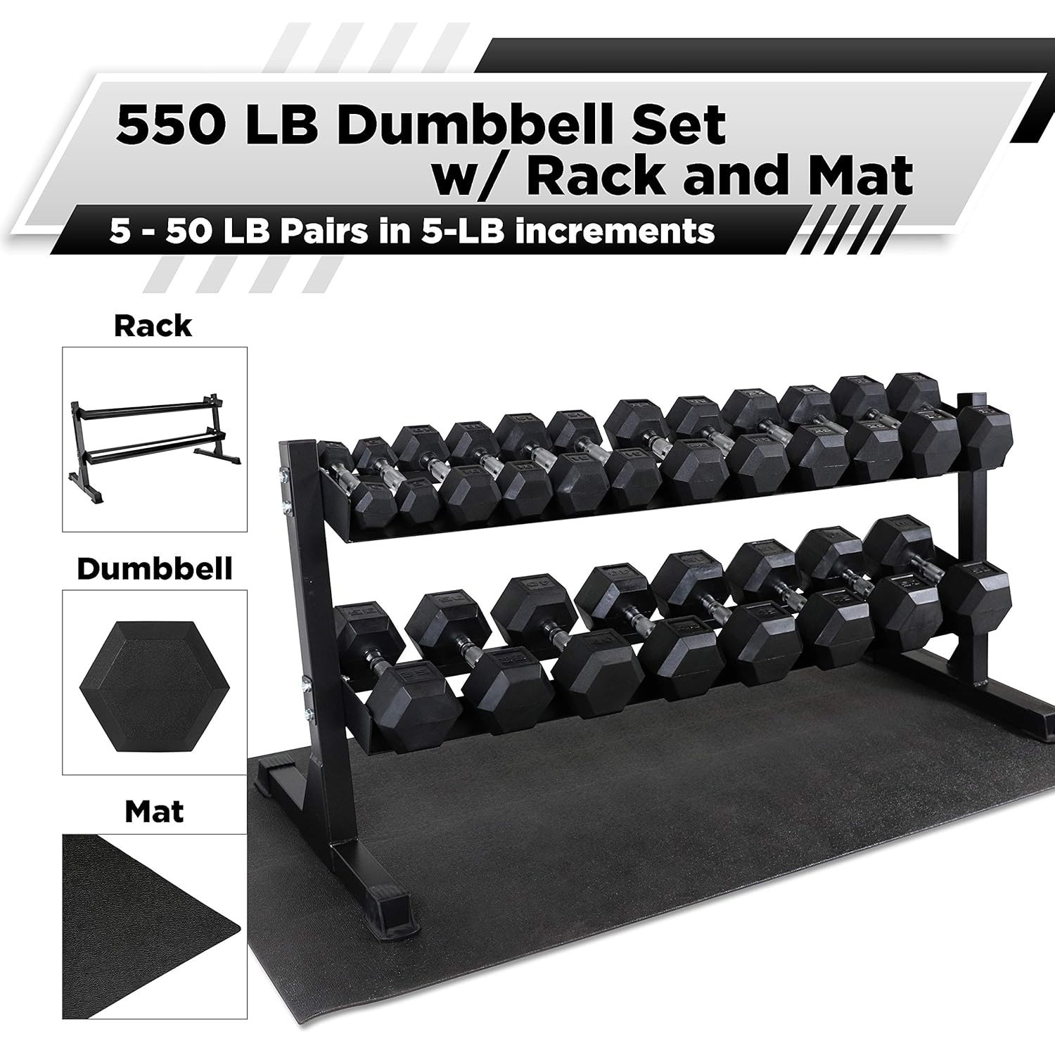 Rubber Coated Hex Dumbbell Set, Multiple Weight & Color Choices Available - Dumbbells with Rack Stand and Mat (550/1200/2100/3000 LB) - Image 11